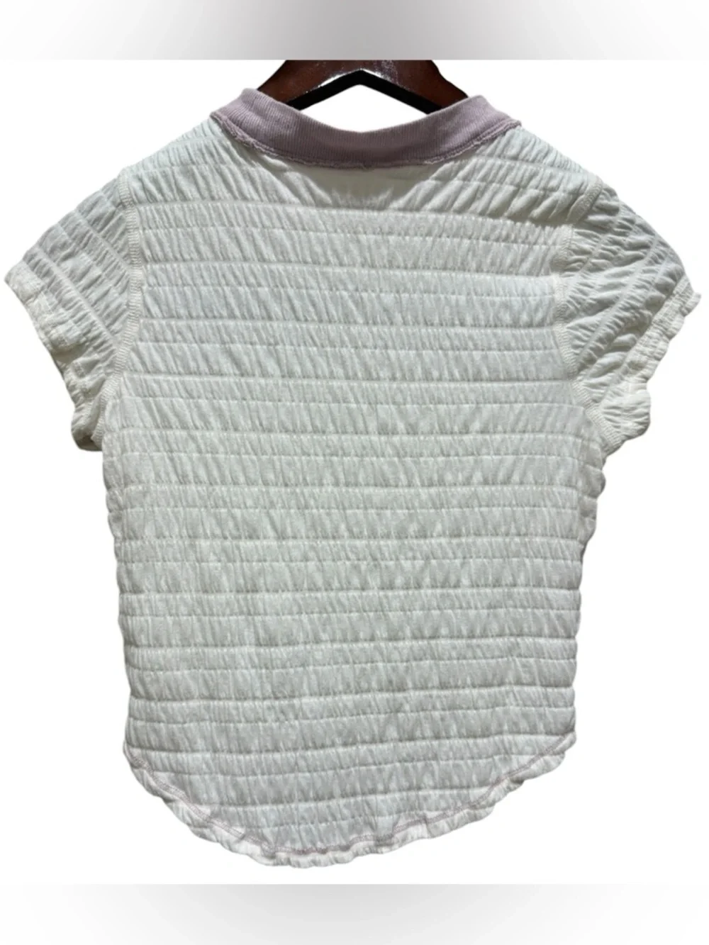 Free People Smocked Baby Tee Womens XS White Lavender Contrast Stitch Texture - Picture 2 of 6